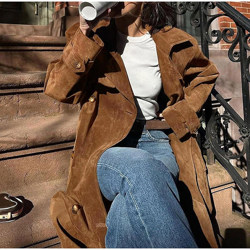 utcoco Womens Faux Suede Long Trench Coat Notched Lapel Double Breasted Pea Coat Overcoat with Belt (X-Large, Camel) - Image 2