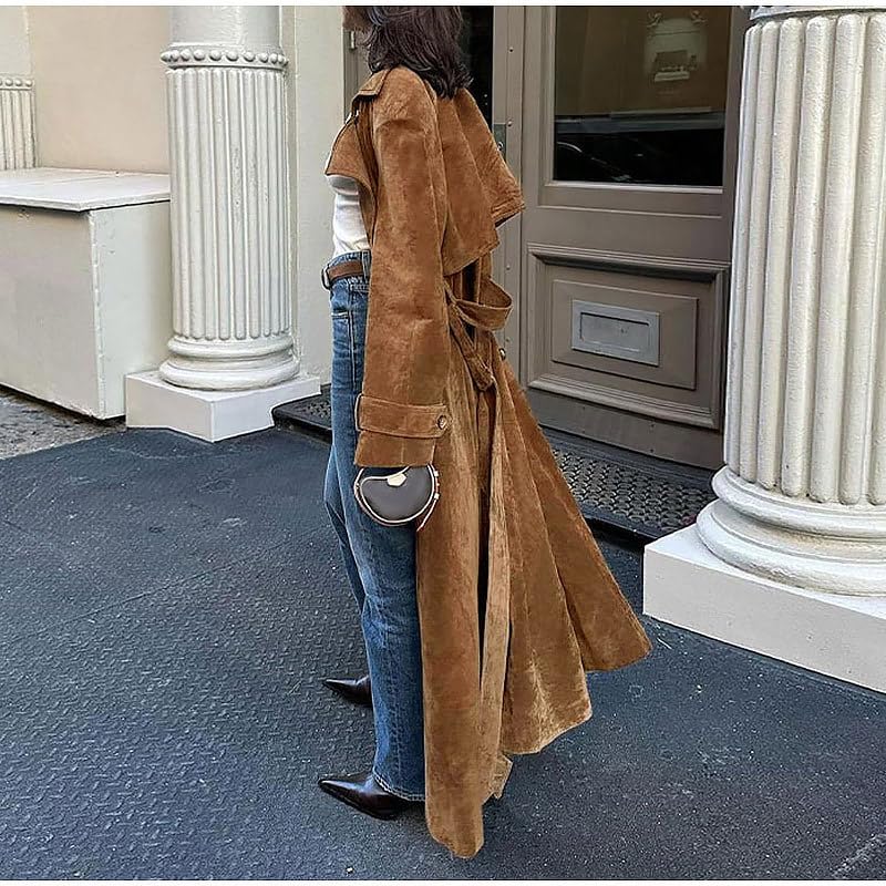 utcoco Womens Faux Suede Long Trench Coat Notched Lapel Double Breasted Pea Coat Overcoat with Belt (X-Large, Camel) - Image 3