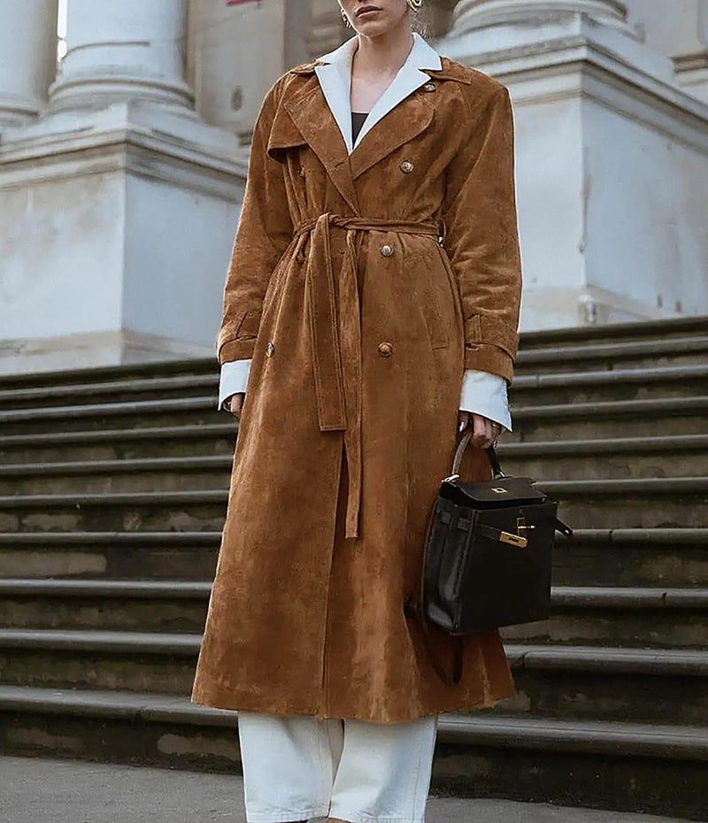 utcoco Womens Faux Suede Long Trench Coat Notched Lapel Double Breasted Pea Coat Overcoat with Belt (X-Large, Camel) - Image 4