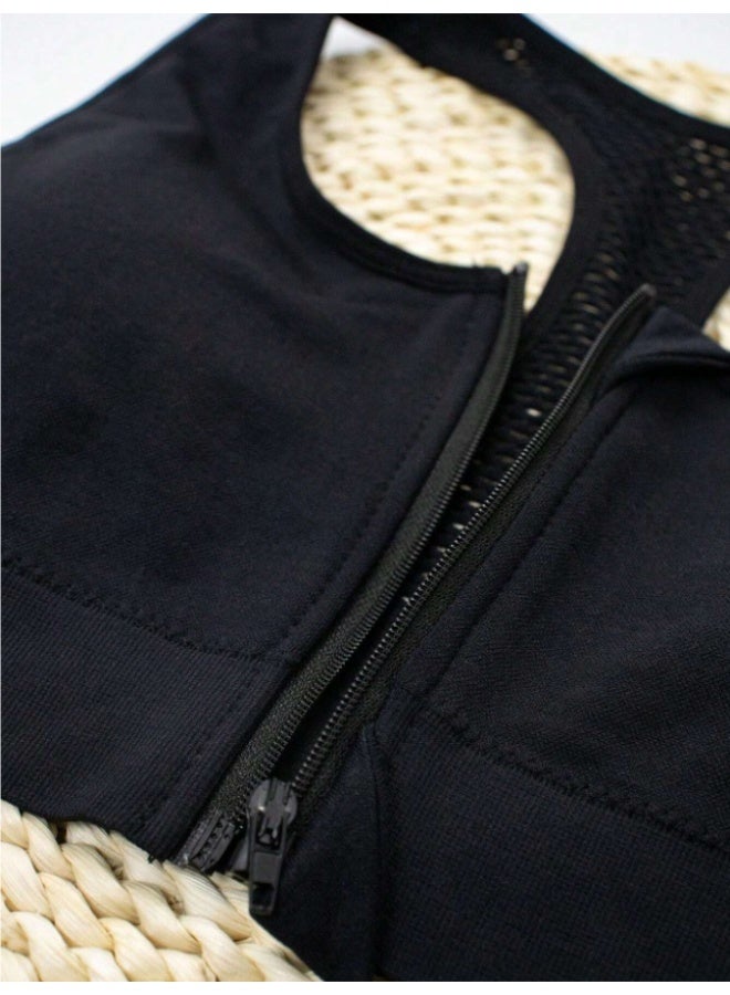 MHD 1pc Women's  Zippered Sheer Padded Seamless Elastic Low-Support Sports Bra - Image 5