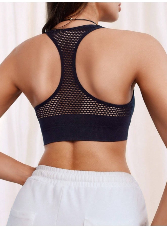 MHD 1pc Women's  Zippered Sheer Padded Seamless Elastic Low-Support Sports Bra - Image 3