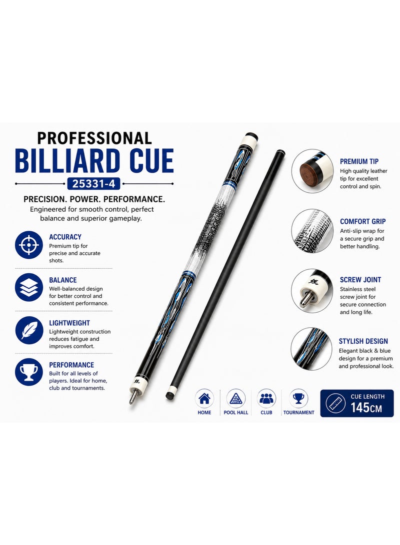 25331-4 Professional Billiard Cue Stick 145CM Pool Cue With Premium Tip & Screw Joint Black Blue Design - Image 5