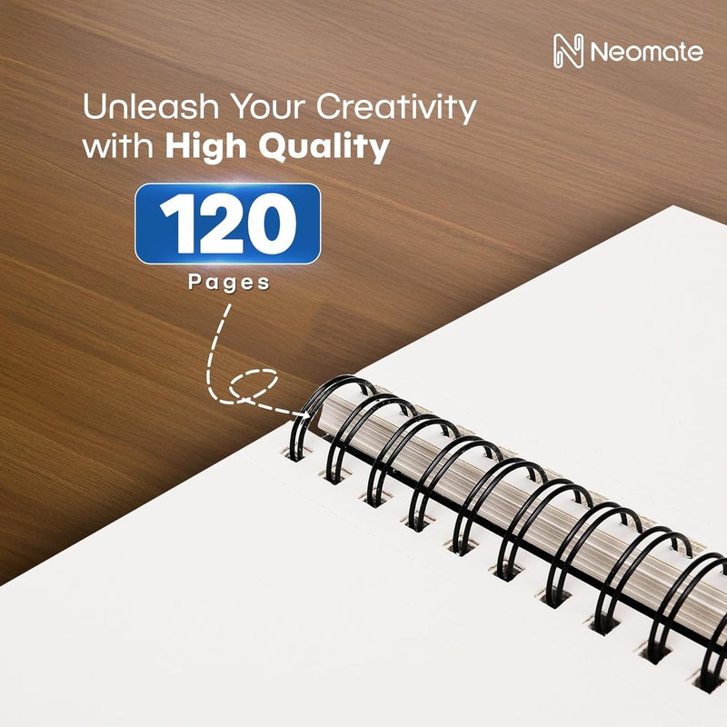 Neomate A5 Spiral Sketch Book | 160 GSM, 120 Pages / 60 Sheets | Wiro Bound Artist Drawing Pad for Sketching, Shading, Doodling | Medium Surface for Kids, Adults, School & Office Use - Image 2