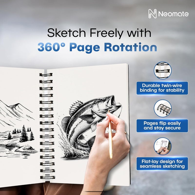 Neomate A5 Spiral Sketch Book | 160 GSM, 120 Pages / 60 Sheets | Wiro Bound Artist Drawing Pad for Sketching, Shading, Doodling | Medium Surface for Kids, Adults, School & Office Use - Image 4