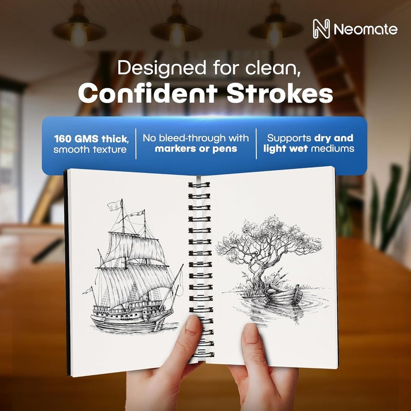 Neomate A5 Spiral Sketch Book | 160 GSM, 120 Pages / 60 Sheets | Wiro Bound Artist Drawing Pad for Sketching, Shading, Doodling | Medium Surface for Kids, Adults, School & Office Use - Image 3