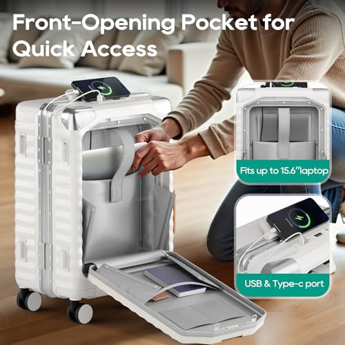 Joyway 20 Inch Carry on Luggage with Aluminium Frame and Front Pocket, PC Hardshell Suitcase with USB Port and Cup Holder, 21.5x14.2x9 Airline Approved, Luggage with Spinner Wheels and TSA Lock(White) - Image 2