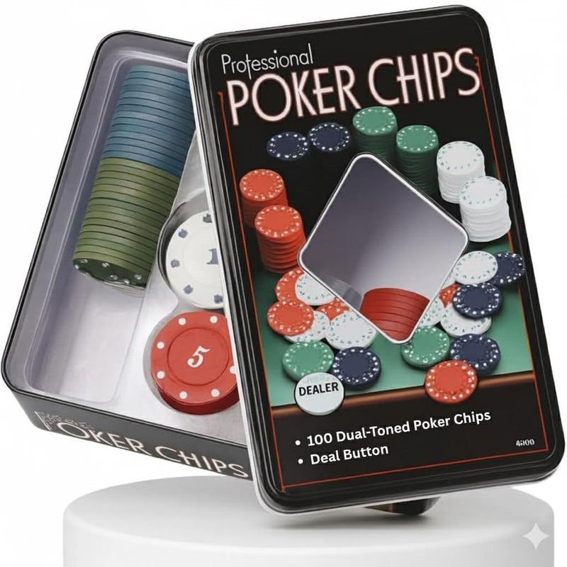 Go Hooked طقم رقائق البوكر الاحترافية مع 100 رقاقة مزدوجة اللون وزر الموزع | رقائق لعبة البوكر تكساس هولدم في علبة معدنية | طقم بوكر بأسلوب كازينو للبالغين، الحفلات و ليالي الألعاب - Image 1