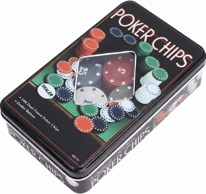 Go Hooked طقم رقائق البوكر الاحترافية مع 100 رقاقة مزدوجة اللون وزر الموزع | رقائق لعبة البوكر تكساس هولدم في علبة معدنية | طقم بوكر بأسلوب كازينو للبالغين، الحفلات و ليالي الألعاب - Image 3