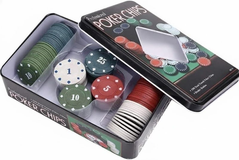 Go Hooked طقم رقائق البوكر الاحترافية مع 100 رقاقة مزدوجة اللون وزر الموزع | رقائق لعبة البوكر تكساس هولدم في علبة معدنية | طقم بوكر بأسلوب كازينو للبالغين، الحفلات و ليالي الألعاب - Image 2