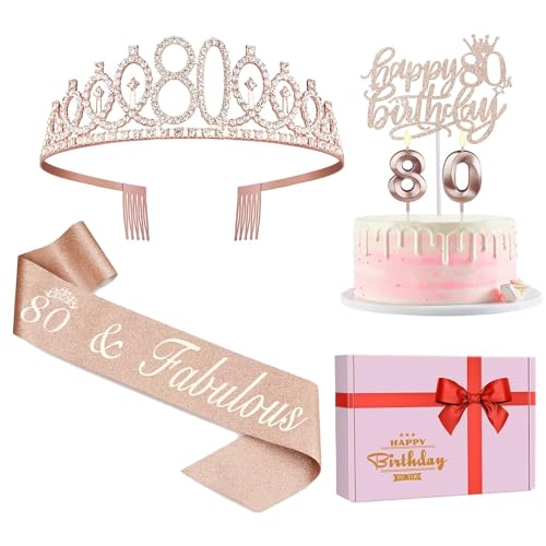 Juesly 80th Birthday Decorations for Women, Including 80th Birthday Sash and Crown, Cake Topper and Candles, 80 Year Old Gifts for Women - Image 1