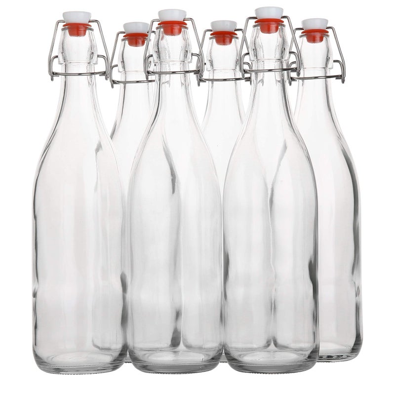 AYL Flip Top Glass Bottle [1 Liter / 33 fl. oz.] [Pack of 6] â€“ Swing Brewing with Stopper for Beverages, Oil, Vinegar, Kombucha, Beer, Water, Soda, Kefir Airtight Lid & Leak Proof Cap Clear - Image 1