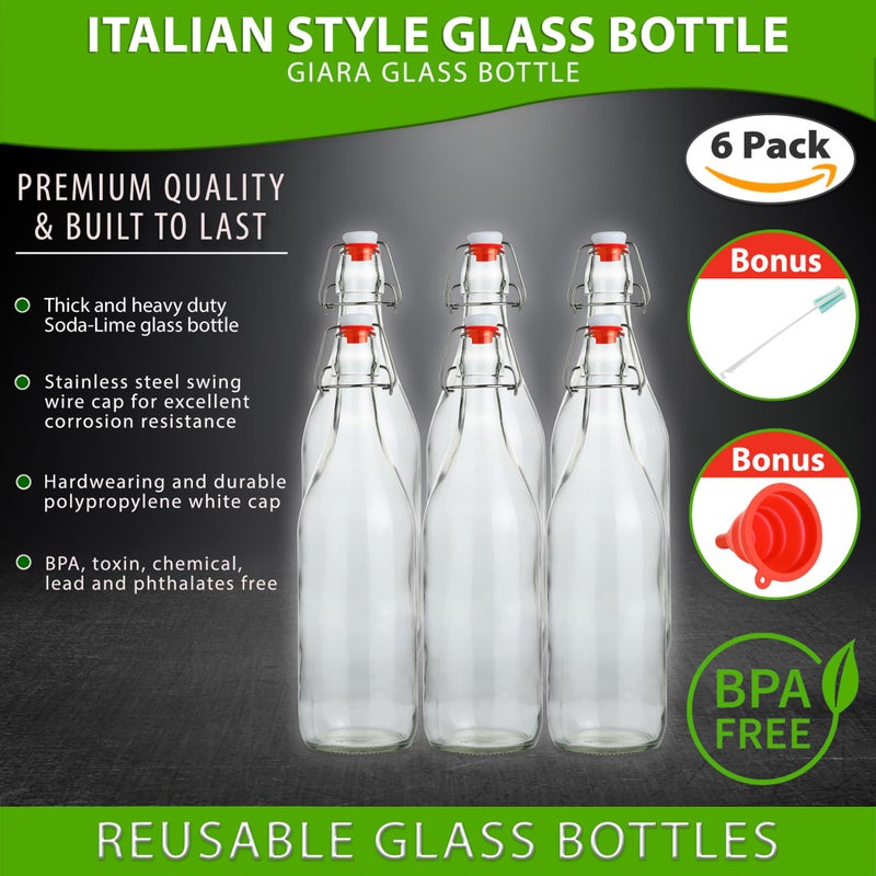 AYL Flip Top Glass Bottle [1 Liter / 33 fl. oz.] [Pack of 6] â€“ Swing Brewing with Stopper for Beverages, Oil, Vinegar, Kombucha, Beer, Water, Soda, Kefir Airtight Lid & Leak Proof Cap Clear - Image 3