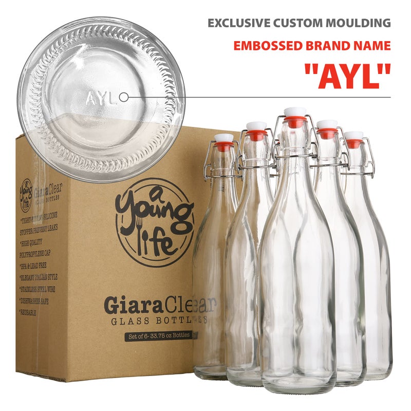 AYL Flip Top Glass Bottle [1 Liter / 33 fl. oz.] [Pack of 6] â€“ Swing Brewing with Stopper for Beverages, Oil, Vinegar, Kombucha, Beer, Water, Soda, Kefir Airtight Lid & Leak Proof Cap Clear - Image 5