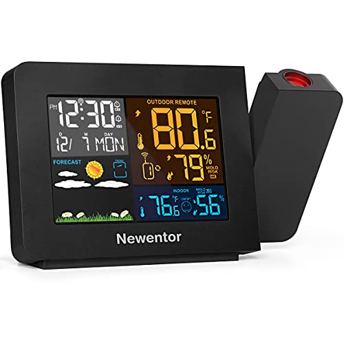 Newentor Atomic Projection Alarm Clock with Weather Station for Bedrooms, Projector Clocks with WWVB Function, Indoor Outdoor Thermometer Wireless, Temperature Humidity Monitor and Weather Forecast - Image 1