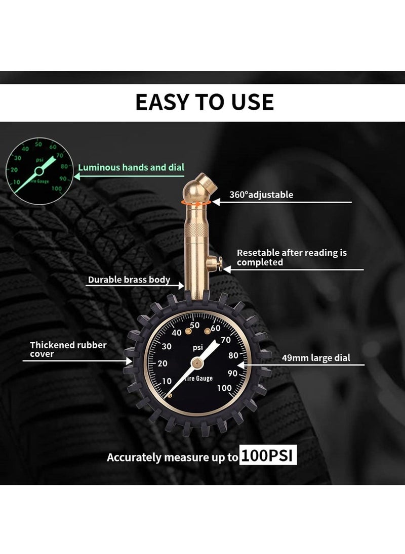Professional Glow in The Dark Tire Pressure Gauge, ANSI Certified Heavy Duty Air Pressure Gauge 0-100 PSI for Cars, Trucks, RVs, Bicycles, and Motorcycles - Image 2