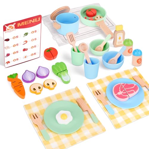 Melofaver Wooden Play Kitchen Set for Kids 3 35Pcs Pretend Play Cooking Accessories with Play Food Pots and Pans Utensils Montessori Early Education Toy Gift for Toddlers Girls Boys - Image 1