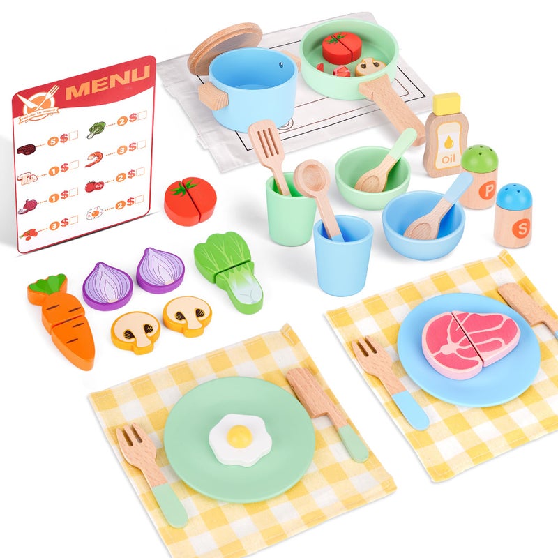 Melofaver Wooden Play Kitchen Set for Kids 3 35Pcs Pretend Play Cooking Accessories with Play Food Pots and Pans Utensils Montessori Early Education Toy Gift for Toddlers Girls Boys - Image 3