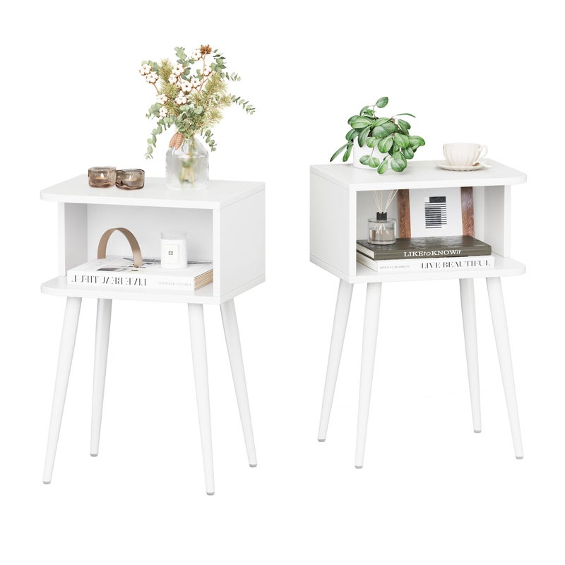 MMEOLUOOK White Nightstand Set of 2, Small Bed Side Table for Small Spaces, Mid Century Modern Nightstand End Table with Open Storage, Side Table for Bedroom Living Room, MLBZ20W-2 - Image 1