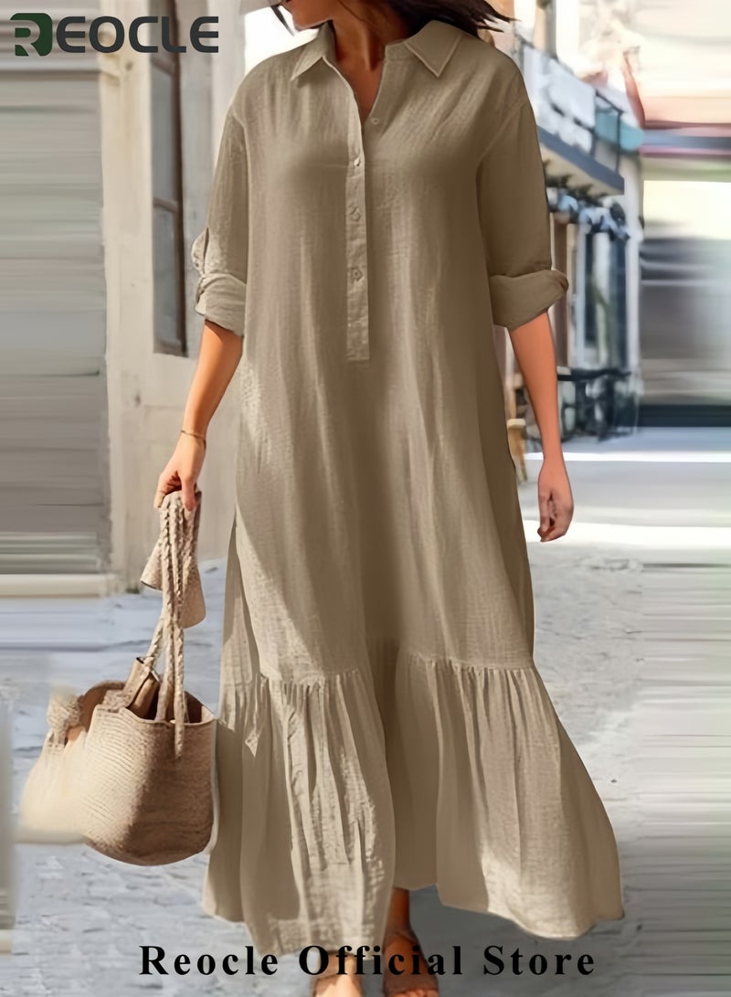ريوكل فستان نسائي بأزرار للأسفل، فستان كاجوال من القطن والكتان بأكمام طويلة، فستان قميص فضفاض بكشكشة، فستان طويل مريح - Image 2