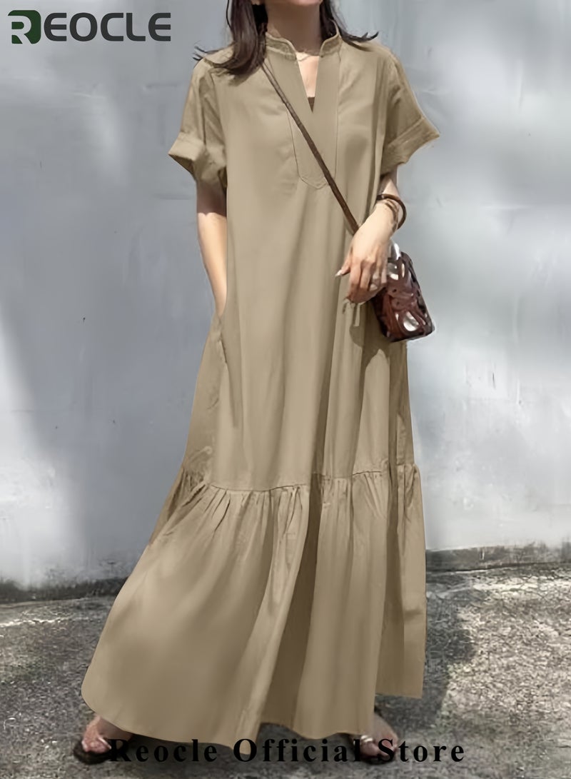 ريوكل فستان نسائي بأزرار للأسفل، فستان كاجوال من القطن والكتان بأكمام طويلة، فستان قميص فضفاض بكشكشة، فستان طويل مريح - Image 4