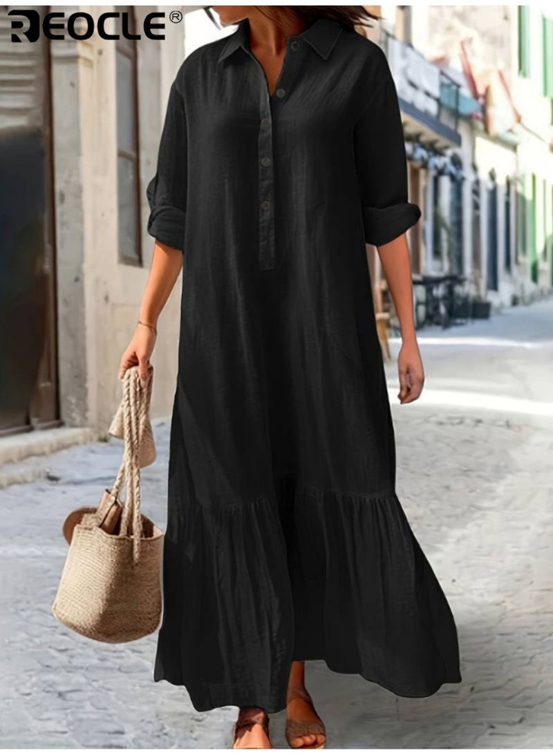 ريوكل فستان نسائي بأزرار للأسفل، فستان كاجوال من القطن والكتان بأكمام طويلة، فستان قميص فضفاض بكشكشة، فستان طويل مريح - Image 1