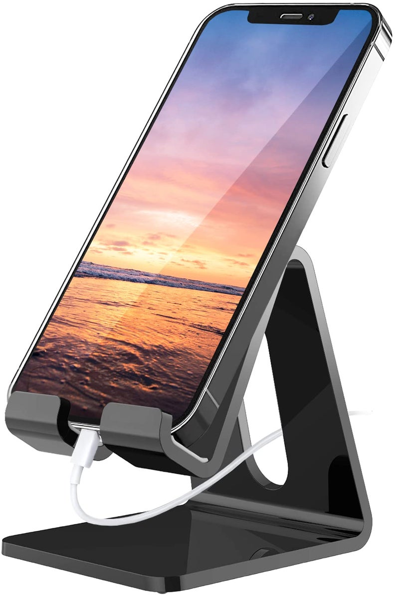 Crpich Acrylic Phone Stand, Ergonomic Design for Apple iPhone and Samsung Galaxy, Compatible with 4-8 Inch Screens, Black - Image 1
