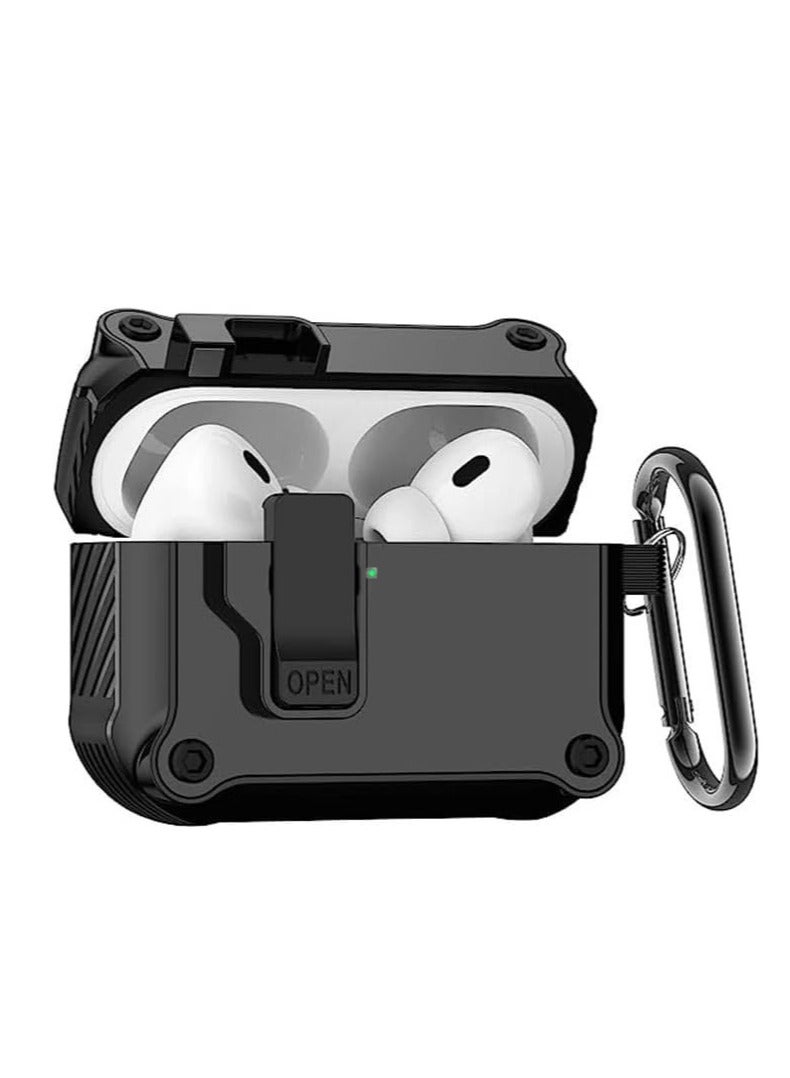 حافظة لجهاز Airpods4 بقفل مع سلسلة مفاتيح وغطاء واقٍ مدرع عسكري متين للرجال والنساء، غطاء مقاوم للصدمات (أسود) - Image 1
