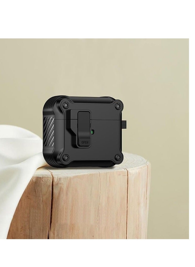 حافظة لجهاز Airpods4 بقفل مع سلسلة مفاتيح وغطاء واقٍ مدرع عسكري متين للرجال والنساء، غطاء مقاوم للصدمات (أسود) - Image 3