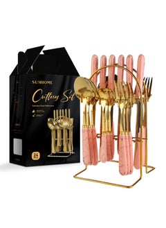 Sunhome 24-Piece Stainless Steel Cutlery Set With Stand Pink  - Image 2