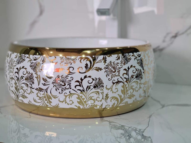 B BACKLINE باسين غسيل دائري مصمم من السيراميك من BACKLINE للحمام وغرفة المعيشة 40 × 40 × 15 سم أبيض ذهبي - Image 3