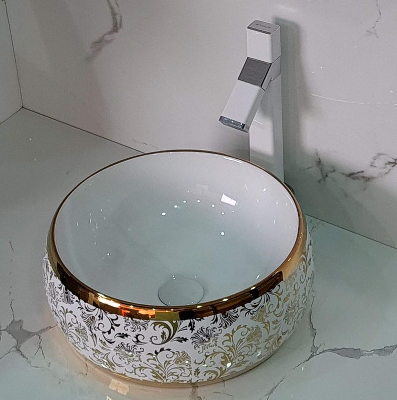 B BACKLINE باسين غسيل دائري مصمم من السيراميك من BACKLINE للحمام وغرفة المعيشة 40 × 40 × 15 سم أبيض ذهبي - Image 1