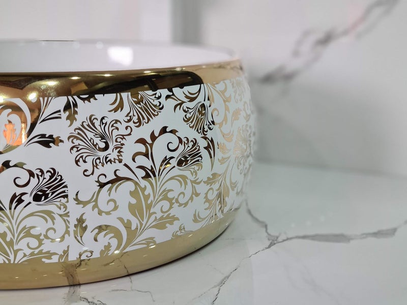 B BACKLINE باسين غسيل دائري مصمم من السيراميك من BACKLINE للحمام وغرفة المعيشة 40 × 40 × 15 سم أبيض ذهبي - Image 2