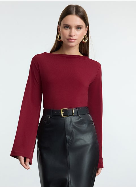 Dark Cherry Relaxed/Comfortable Pattern Spanish Sleeve Flexible Knitted Blouse TWOAW25BZ00203