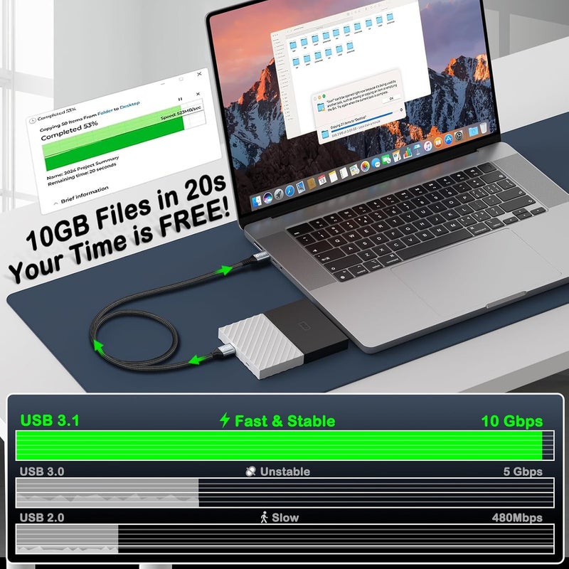 كابل محرك أقراص صلب من Micro B إلى USB C بسرعة 10 جيجابت في الثانية، بطول 3 أقدام، كابل USB C إلى Micro B إلى Type-C، متوافق مع أقراص WD وSeagate وMacBook Pro/Air وiPad/Tablet وiPhone وGalaxy S24 - Image 4