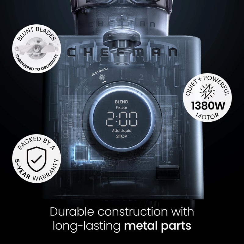 Chefman Obliterator 48 oz Countertop Blender for Smoothies, 1380W Motor to Crush Ice, Nuts, and Frozen Fruit with Stainless Steel Blade, Auto Blend Function, Includes 20 oz Travel Jar - Midnight - Image 4