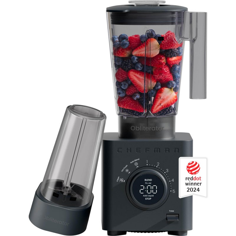 Chefman Obliterator 48 oz Countertop Blender for Smoothies, 1380W Motor to Crush Ice, Nuts, and Frozen Fruit with Stainless Steel Blade, Auto Blend Function, Includes 20 oz Travel Jar - Midnight - Image 1