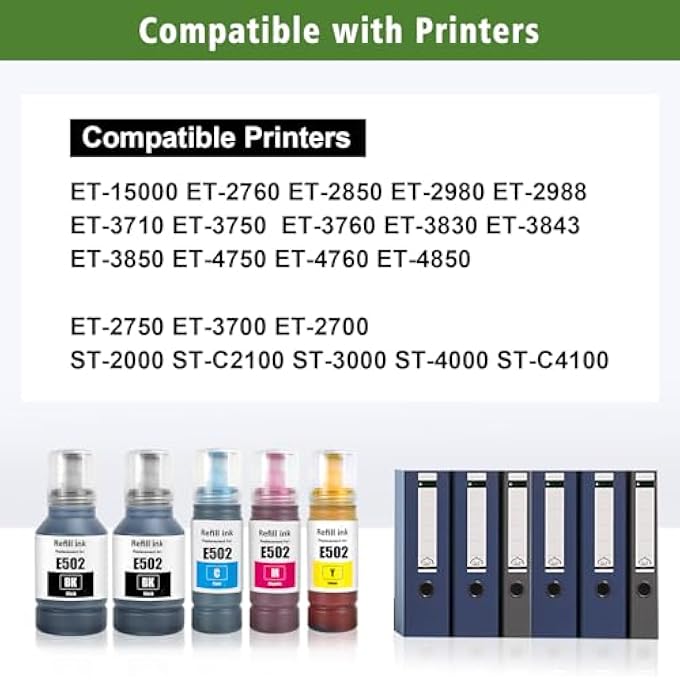 عبوات حبر متوافقة E502 لإعادة التعبئة متعددة العبوات لطابعات ET-15000 ET-2760 ET-2850 ET-2980 ET-3710 ET-3750 ET-3760 ET-3830 ET-3843 ET-3850 ET-4750 ET-4760 ET-4850 (2BK C M Y) - Image 3