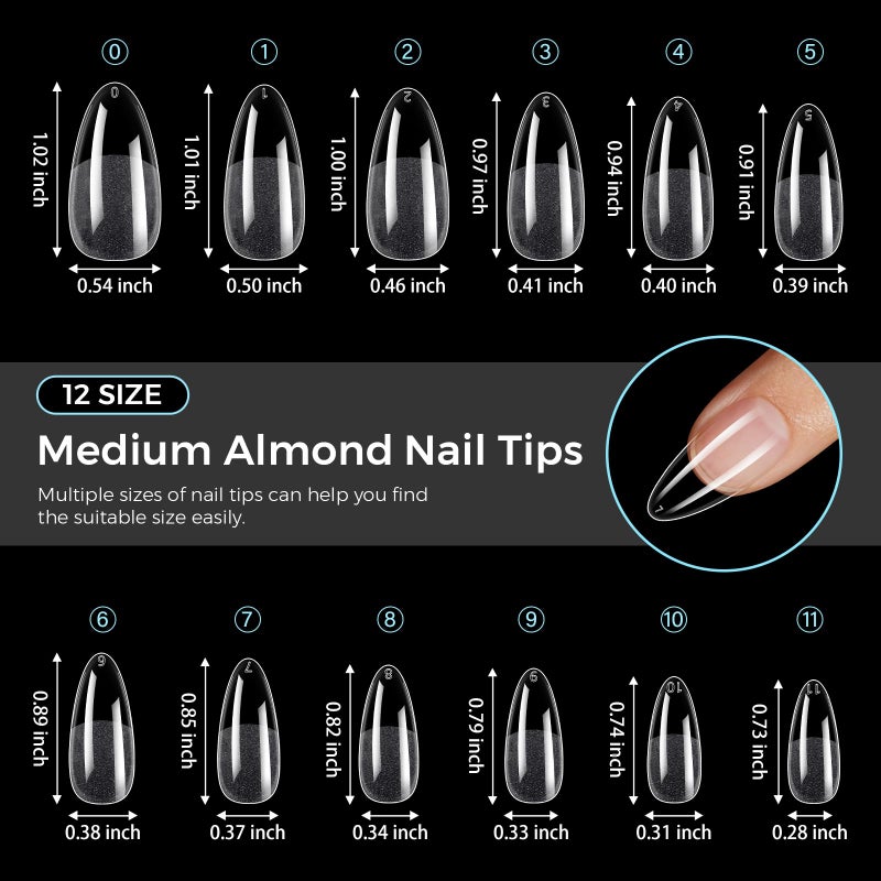 TOMICCA Almond Gel Nail Tips, Half Matte Pre Shaped No Filing Medium Almond Nail Tips, 240 Pcs Gel Tips 12 Sizes, Clear Acrylic Tips for Nail Art, Nail Extension at Home, For Beginners - Image 5