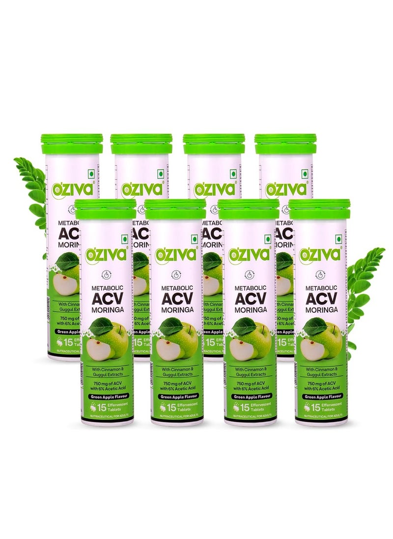 OZiva - ACV Moringa Control Cravings Apple Cider Vinegar Cinnamon Guggul No Maltodextrin No Added Sugar 15 Effervescent Tablets Green Apple Pack of 8 120 Tablets - Image 1