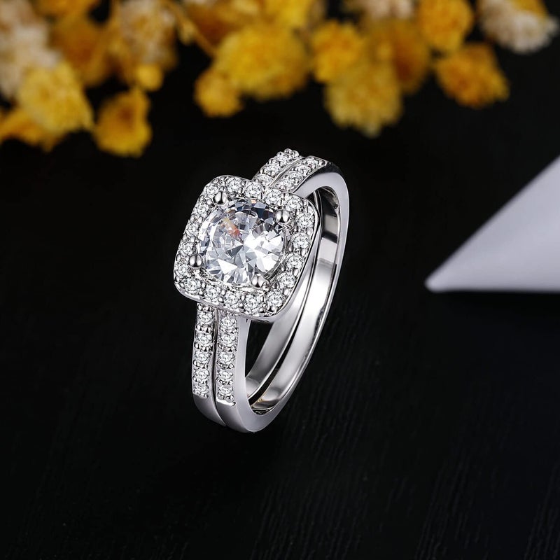 Gemsme 18K White Gold Plated Two-in-One Wedding Engagement Eternity Rings Halo Cubic Zirconia Bridal Rings Set 5 - Image 3