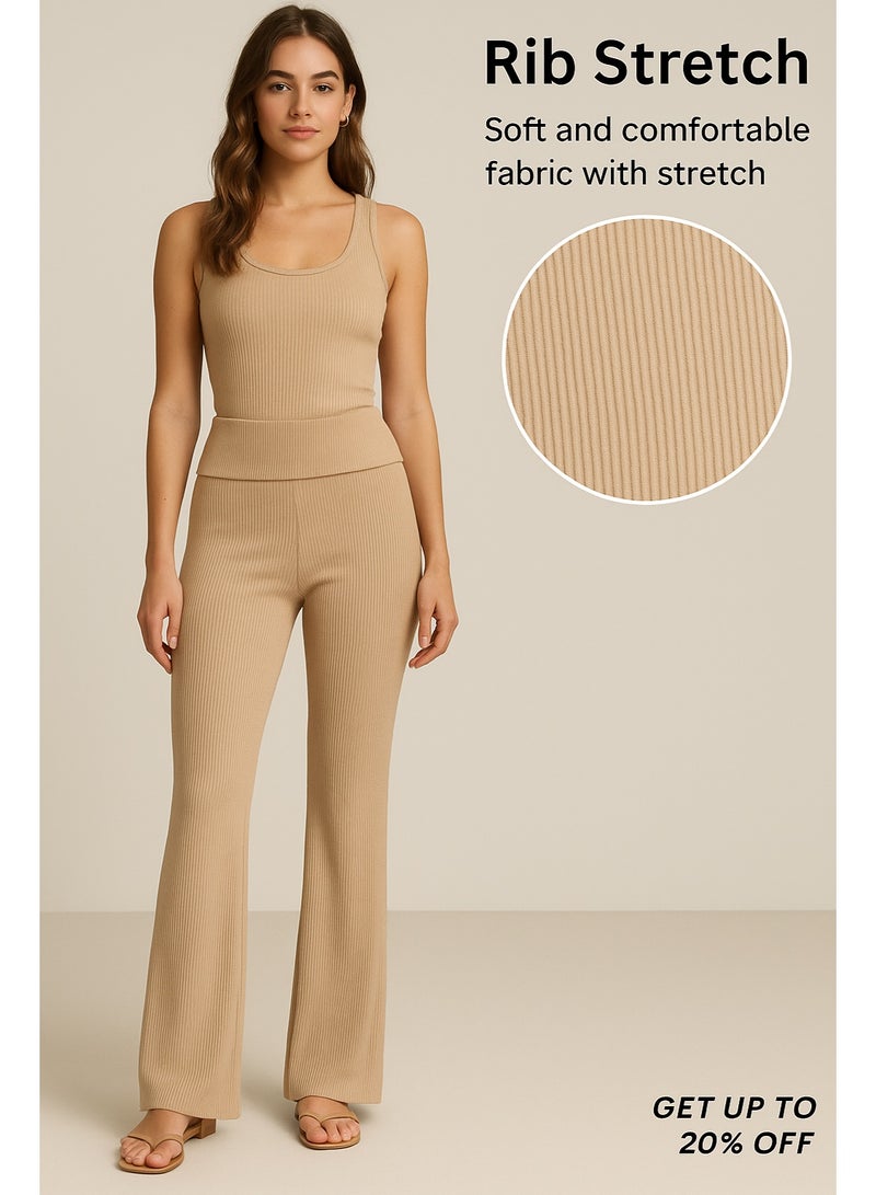 Soft Steps Flared trousers Biege with Fold-Over Waist S 