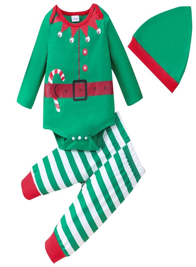 NUBEEHOHO Babies Xmas Elf Romper Outfit Infant Christmas Striped Bodysuit Long Sleeve Clothing Set 18-24 Month - Image 1