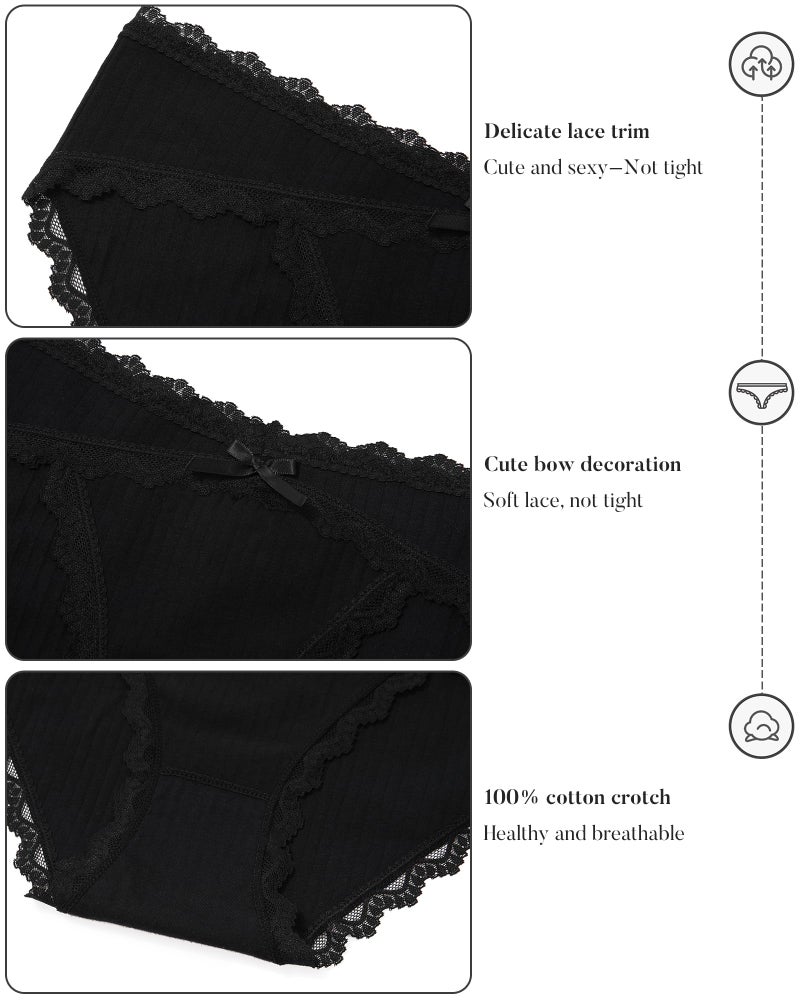 LEVAO 6 Pack Black Cotton Underwear for Women Lace Cheeky Bikini Panties Stretch Soft Hipster Ladies Briefs S-XXL - Image 3
