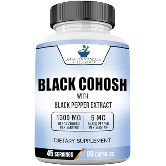 American Standard Supplements Black Cohosh 1300mg Per Serving with Black Pepper Fruit Extract - Vegan, Gluten Free, Non-GMO, 90 Capsules, 45 Servings - Image 1