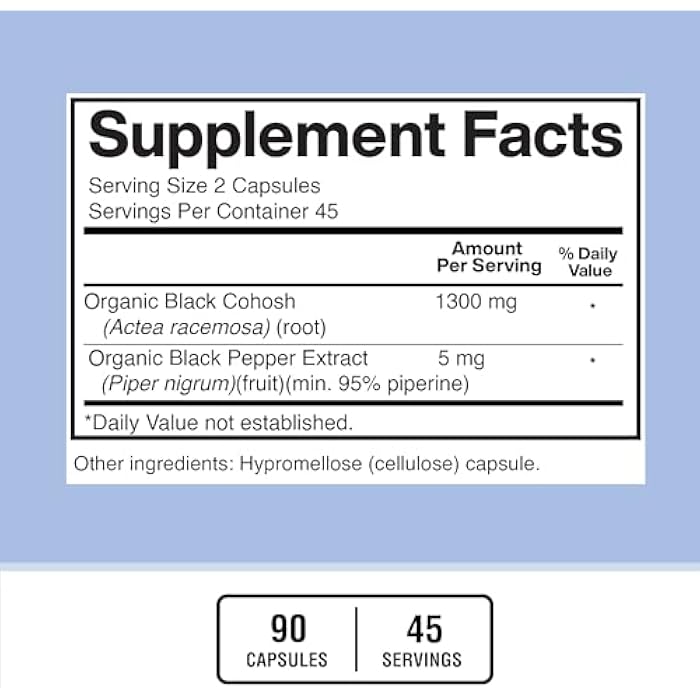 American Standard Supplements Black Cohosh 1300mg Per Serving with Black Pepper Fruit Extract - Vegan, Gluten Free, Non-GMO, 90 Capsules, 45 Servings - Image 3