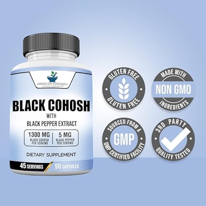 American Standard Supplements Black Cohosh 1300mg Per Serving with Black Pepper Fruit Extract - Vegan, Gluten Free, Non-GMO, 90 Capsules, 45 Servings - Image 4