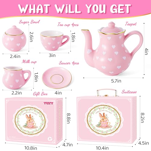 TUZT Tea Party Set for Little Girls Ages 38 White Floral Porcelain Tea Set with Gold Trim Edges Princess Tea Time Toy Includes Pot Cups Saucers Suitcase Birthday Gifts for Toddlers Girls - Image 5