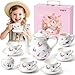 TUZT Tea Party Set for Little Girls Ages 38 White Floral Porcelain Tea Set with Gold Trim Edges Princess Tea Time Toy Includes Pot Cups Saucers Suitcase Birthday Gifts for Toddlers Girls - Image 3