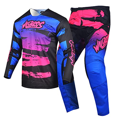 Willbros Motocross Jersey Pant Combo Men Women Motorcycle MX Gear Set Cycling Offroad Dirt Bike Adult Riding BMX ATV Pink Blue Jersey XXXL Pants 40 - Image 1