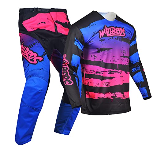 Willbros Motocross Jersey Pant Combo Men Women Motorcycle MX Gear Set Cycling Offroad Dirt Bike Adult Riding BMX ATV Pink Blue Jersey XXXL Pants 40 - Image 3